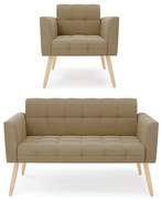 Kit 1 Sofá Namoradeira e 1 Poltrona Elisa Suede Pés Palito Natural D03 - D'Rossi - Marrom Rato