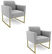 Kit 2 Poltronas Base Industrial Dourado Marisa Suede - Cinza