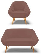 Kit 01 Namoradeira 02 Lugares e 01 Poltrona Giovana Veludo Pés Palito Castanho - Indo Decorar - Rose