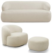 Conjunto Sala de Estar Decorativo Charlote 1 Poltrona Namoradeira 150cm 1 Poltrona Base Giratória em Aço com Puff Bouclê Bege G88 - Gran Belo