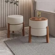 Kit 2 Puffs Decorativos 38cm Pés Madeira Nilo Boucle Bege E05 - Mpozen