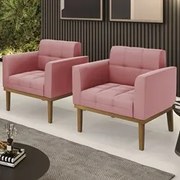 Poltrona Base Madeira Castanho Kit 2 Ana Suede Rosê - Ibiza