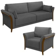 Kit Sofá Living 3 Lugares e Poltrona 102cm Pés Madeira Roya Z32 Linho