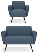 Sofá Namoradeira com Poltrona Pés Palito de Ferro Bruna Suede D01 - D'Rossi - Azul Marinho