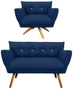Kit 1 Namoradeira e 1 Poltrona Giratória Anitta Com Strass Suede Pés Palito Castanho D03 - D'Rossi - Azul Marinho