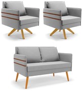 Kit 01 Namoradeira 02 Lugares e 02 Poltronas Mari Suede Base de Madeira MA30 D03 - D'Rossi - Cinza