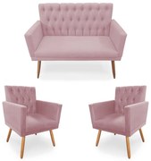 Kit 2 Poltronas 1 Namoradeira Clara Capitonê Pés Palito Suede Rosa - Sheep Estofados