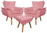 02 Poltronas e 01 Puff Pé Palito de Madeira Opala Suede D03 - D'Rossi - Rose