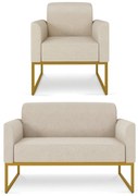 Sofá Namoradeira com Poltrona Base Industrial Dourado Marisa Linho - A27 Areia