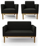 Sofá Namoradeira com 2 Poltronas Base de Madeira Fixa Castanho Marisa Suede - Preto