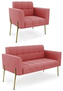 Sofá Namoradeira e Poltrona Pé de Ferro Dourado Elisa Suede D03 - D'Rossi - Rose