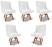 Kit 5 Cadeiras Decorativas Sala de Jantar Base Giratória de Madeira Firenze PU Branco Brilho/Natural G19 - Gran Belo