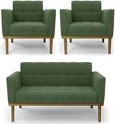 Sofá Namoradeira e 2 Poltronas Base Madeira Castanho Ana Suede Verde -