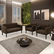 Sofá Namoradeira e 2 Poltronas Base de Madeira Preto Elisa Suede D03 - D'Rossi - Marrom