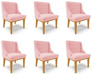Kit 6 Cadeiras Decorativas Sala de Jantar Base Fixa de Madeira Firenze Suede Rosa Bebê/Castanho G19 - Gran Belo