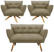Kit 1 Namoradeira 2 Lugares E 2 Poltronas Anitta Suede Base De Madeira MA30 D03 - D'Rossi - Marrom Rato
