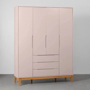Guarda-Roupa Elfe 4 Portas e 3 Gavetas com Pés Square Mel - Rosa Fosco