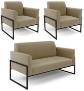 Sofá Namoradeira com 2 Poltronas Base Industrial Alta Preto Marisa Suede - Marrom Rato