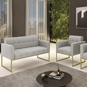 Sofá Namoradeira e 1 Poltrona Base Industrial Dourado Ana Veludo Cinza