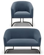 Sofá Namoradeira e Poltrona Base Industrial Preto Stella Suede Azul Marinho D03 - D'Rossi