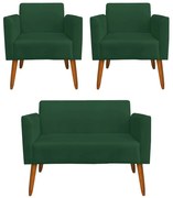 Conjunto Namoradeira e 2 Poltronas Decorativas Isabella Pés Palito Madeira Suede Verde G19 - Gran Belo