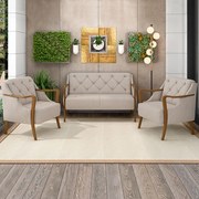 Poltrona Namoradeira Decorativa 2 Lugares Braços em Madeira Hand Linho Bege G45 - Gran Belo