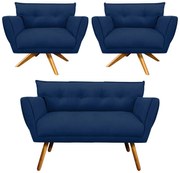 Kit 1 Namoradeira 2 Lugares E 2 Poltronas Anitta Suede Base De Madeira MA30 D03 - D'Rossi - Azul Marinho