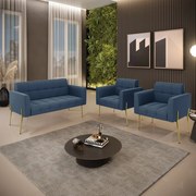 Sofá Namoradeira e 2 Poltronas Pé de Ferro Dourado Elisa Suede D03 - D'Rossi - Azul Marinho
