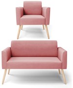 Sofá Namoradeira com Poltrona Pés Palito Natural Marisa Suede - Rose
