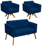 Kit 01 Namoradeira e 02 Poltronas Giratória Elisa Suede Base Madeira MM30 D03 - D'Rossi - Azul Marinho
