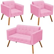 Conjunto 2 Poltronas e 1 Namoradeira Pés Palito Karen Suede Rosa G19 - Gran Belo