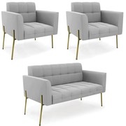 Sofá Namoradeira e 2 Poltronas Pé de Ferro Dourado Elisa Suede D03 - D'Rossi - Cinza