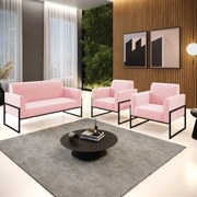 Sofá Namoradeira com 2 Poltronas Base Industrial Alta Preto Marisa Suede - Rosa Bebê