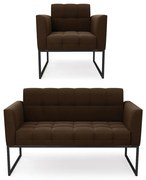 Kit 1 Sofá Namoradeira e 1 Poltrona Elisa Suede Base Metálica Industrial Preto D03 - D'Rossi - Marrom