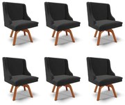Kit 6 Cadeiras Decorativas Sala de Jantar Base Giratória de Madeira Firenze Veludo Preto/Natural G19 - Gran Belo