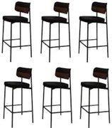 Banqueta Alta Bar Estofada Kit 6 Ella M25 Linho Preto/Marrom - Mpozena