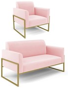 Sofá Namoradeira com Poltrona Base Industrial Alta Dourado Marisa Suede D03 - D'Rossi - Rosa Bebê