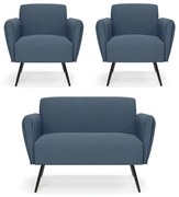 Sofá Namoradeira com 2 Poltronas Pés Palito de Ferro Bruna Suede D01 - D'Rossi - Azul Marinho