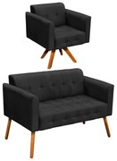 Kit 01 Namoradeira e 01 Poltrona Giratória Elisa Suede Base Madeira MM30 D'Rossi - Preto