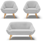 Kit 01 Namoradeira 02 Lugares e 02 Poltronas Giovana Linho Pés Palito Castanho - Indo Decorar - A05 Cinza