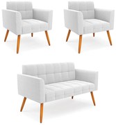 Namoradeira e 2 Poltronas Pé Palito Castanho Elisa Bouclê D03 - D'Rossi  - Off White