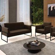 Sofá Namoradeira com Poltrona Base Industrial Alta Preto Marisa Suede - Marrom
