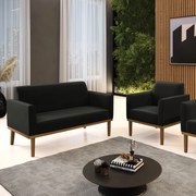 Sofá Namoradeira com Poltrona Base de Madeira Fixa Castanho Marisa Suede - Preto