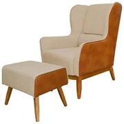 Poltrona Decorativa Base Madeira Milena e Puff Viseo C-129 Linho Bege