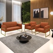 Sofá Namoradeira com 2 Poltronas Base Industrial Alta Dourado Marisa Corano - Nozes