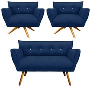 Kit 1 Namoradeira 2 Lugares E 2 Poltronas Giratória Anitta Com Strass Suede Pés Palito Castanho D03 - D'Rossi - Azul Marinho