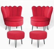 Conjunto 2 Poltrona Dália com 2 Puff Chloe Pés Hairpin Legs Preto Veludo Vermelho