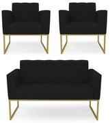 Kit 1 Sofá Namoradeira e 2 Poltronas Elisa Linho Base Metálica Industrial Dourado - D'Rossi - A79 Preto