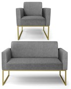 Sofá Namoradeira com Poltrona Base Industrial Dourado Marisa Linho - A26 Grafite