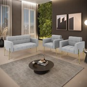 Sofá Namoradeira e 2 Poltronas Pé de Ferro Dourado Elisa Suede D03 - D'Rossi - Cinza